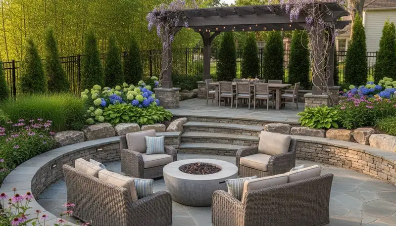 Backyard entertaining landscape with patio, lighting, and greenery by Chop Chop Landscaping in Evansville, IN