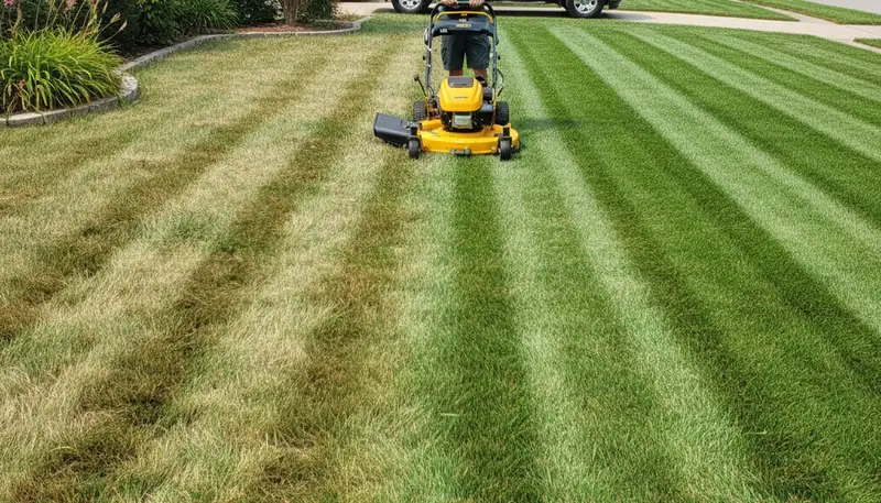 Before and after lawn mowing in Evansville, IN showing overgrown grass transformed by professional landscaping
