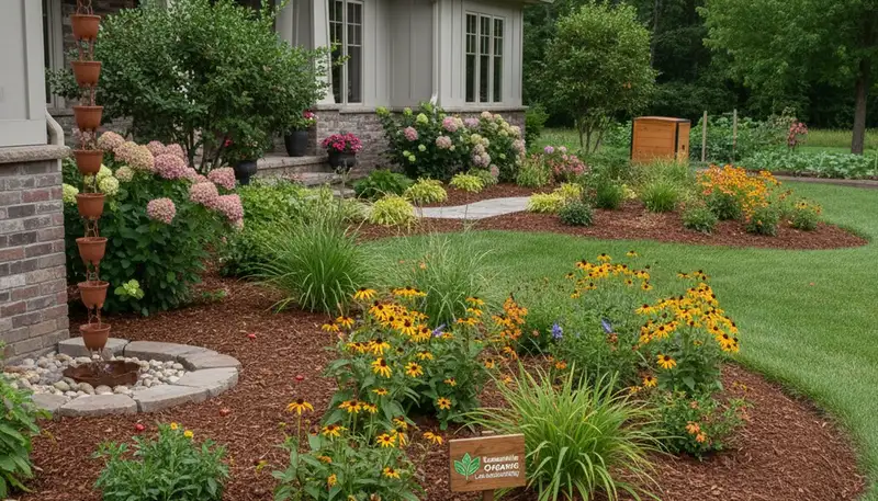 Organic landscape beds with natural mulch and native plants by Chop Chop Landscaping in Evansville IN