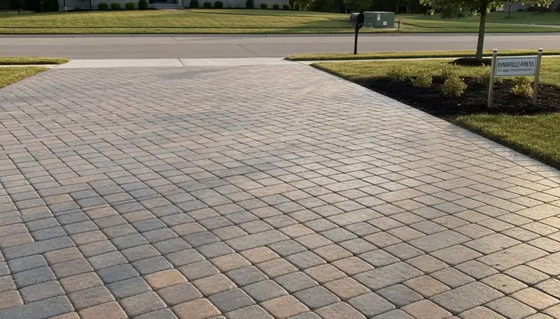 Completed interlocking paver driveway installation by professional landscapers in Evansville, IN