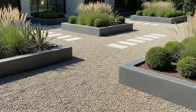 Modern pea gravel landscape with clean lines and geometric plants in Evansville, IN