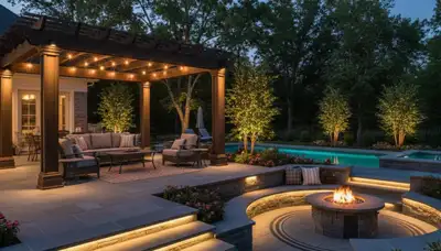 Illuminated deck and patio lighting installation with step lights by Chop Chop Landscaping in Evansville, IN