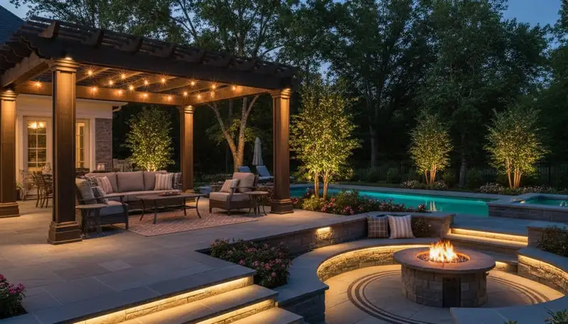 Illuminated deck and patio lighting installation with step lights by Chop Chop Landscaping in Evansville, IN