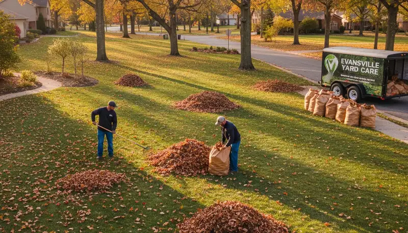 Technicians raking and bagging leaves during fall yard clean up in Evansville, IN residential lawn