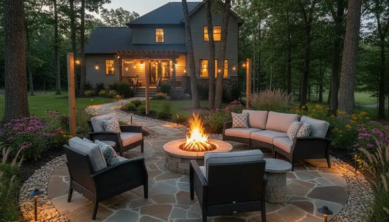 Fire pit patio with circular seating and paver design by Evansville IN landscapers in Henderson KY backyard