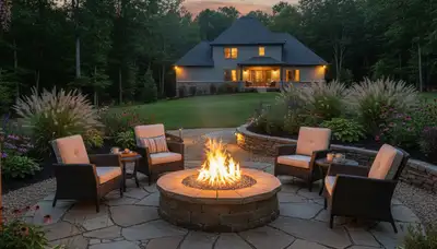 Fire pit patio with paver seating and native landscaping in Reed, KY by Evansville IN landscaping experts