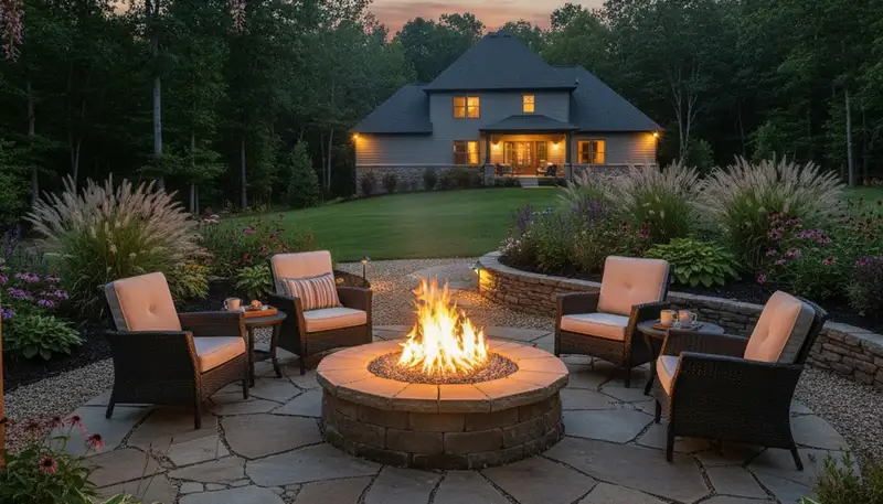 Fire pit patio with paver seating and native landscaping in Reed, KY by Evansville IN landscaping experts