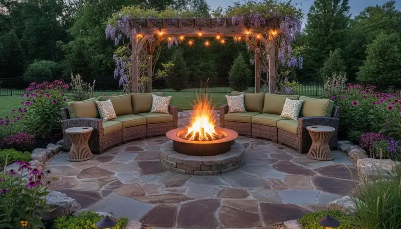 Custom fire pit patio with seating and lighting by Evansville landscaping pros in Spottsville, KY