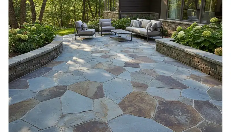 Flagstone patio with natural stone pavers by Chop Chop Landscaping in Evansville, IN