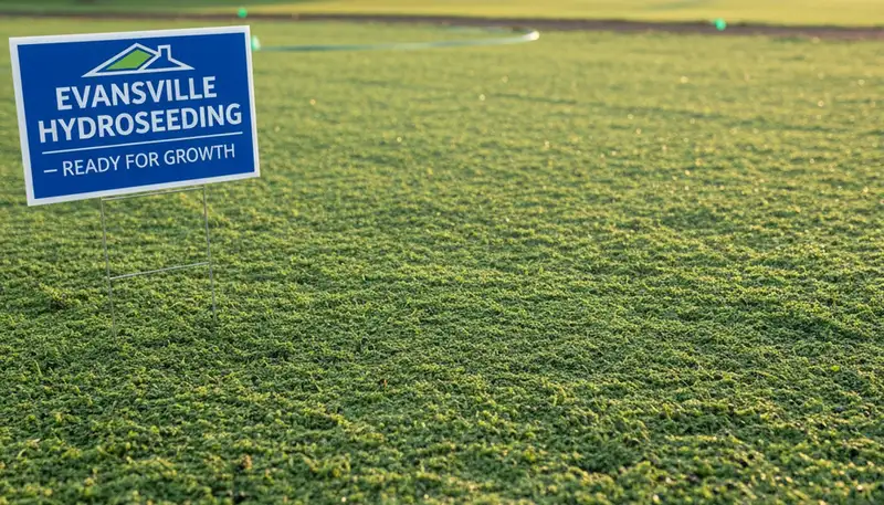 Fresh hydroseeded lawn with even green slurry coverage by professional landscapers in Evansville, IN