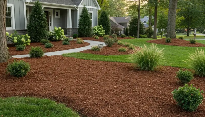 Fresh mulch installation with clean edges and rich color by landscaping pros in Evansville, IN