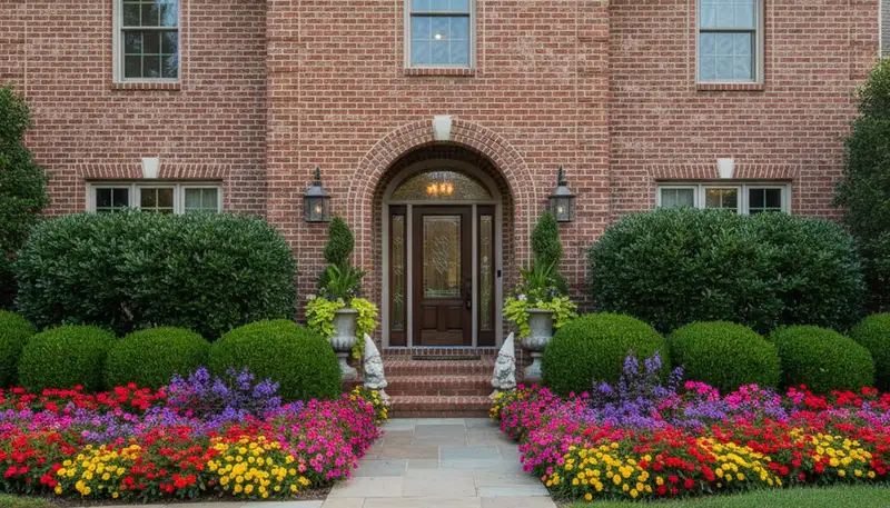 Front yard curb appeal landscape design with colorful flowers and shrubs in Evansville, IN