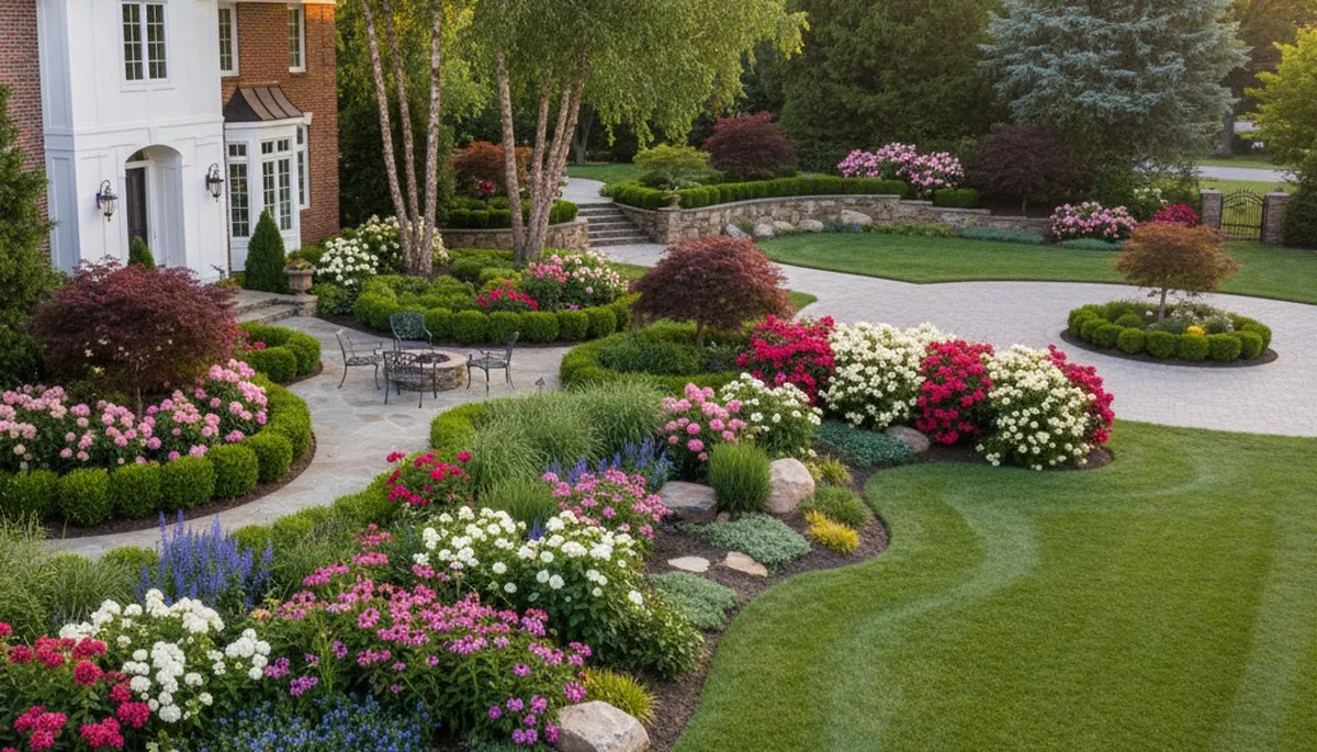 Full property landscape transformation with garden beds and hardscaping in Evansville, IN