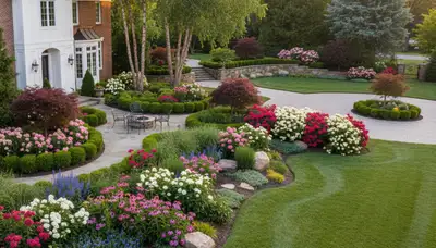 Full property landscape transformation with garden beds and hardscaping in Evansville, IN