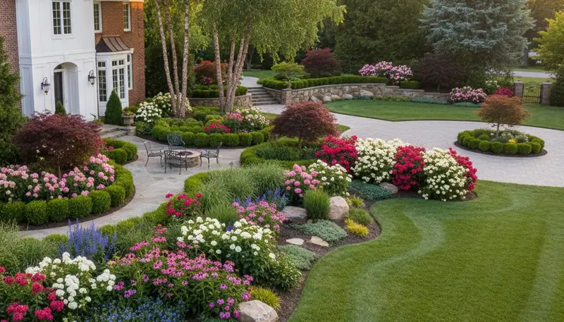 Full property landscape transformation with garden beds and hardscaping in Evansville, IN