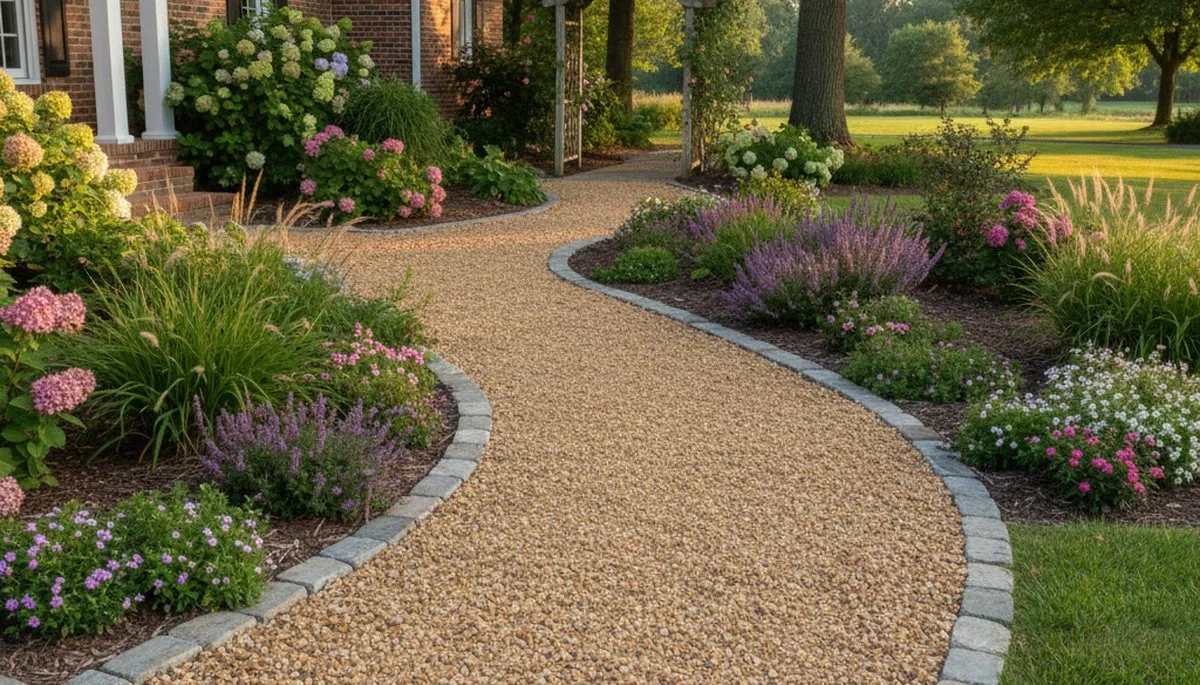 Pea gravel garden pathway with defined borders and natural drainage by landscapers in Evansville, IN