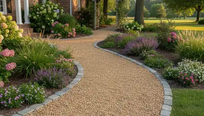 Pea gravel garden pathway with defined borders and natural drainage by landscapers in Evansville, IN