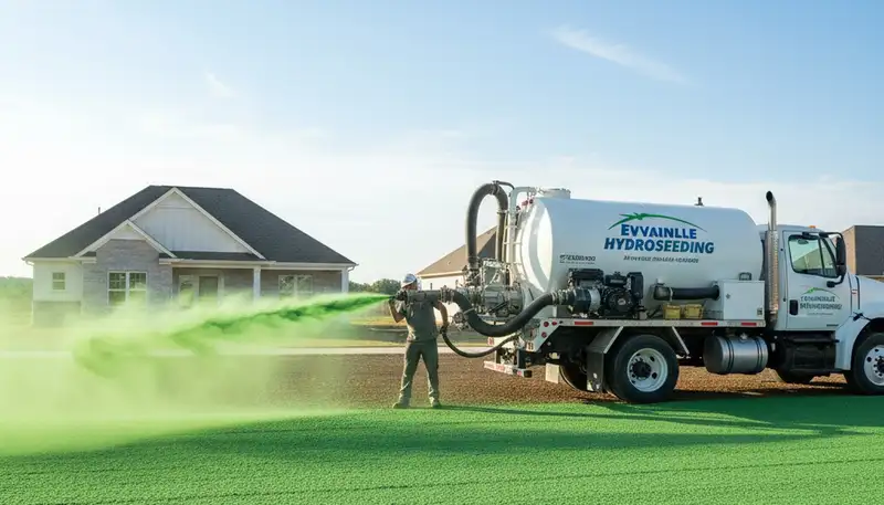 Hydroseeder truck spraying green slurry for new lawn installation in Evansville, Indiana