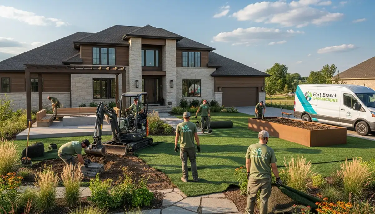 Landscaping crew serving Evansville, IN with professional lawn and yard care services