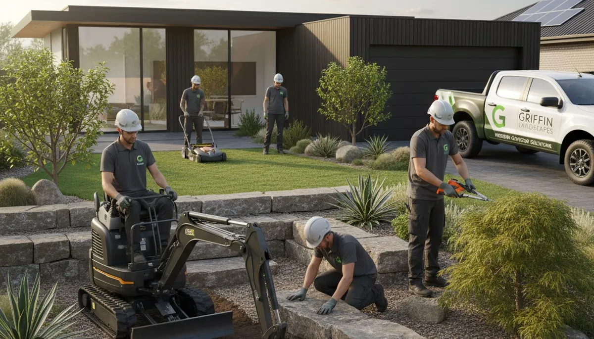 Landscaping crew serving Evansville, IN providing professional lawn and yard care services