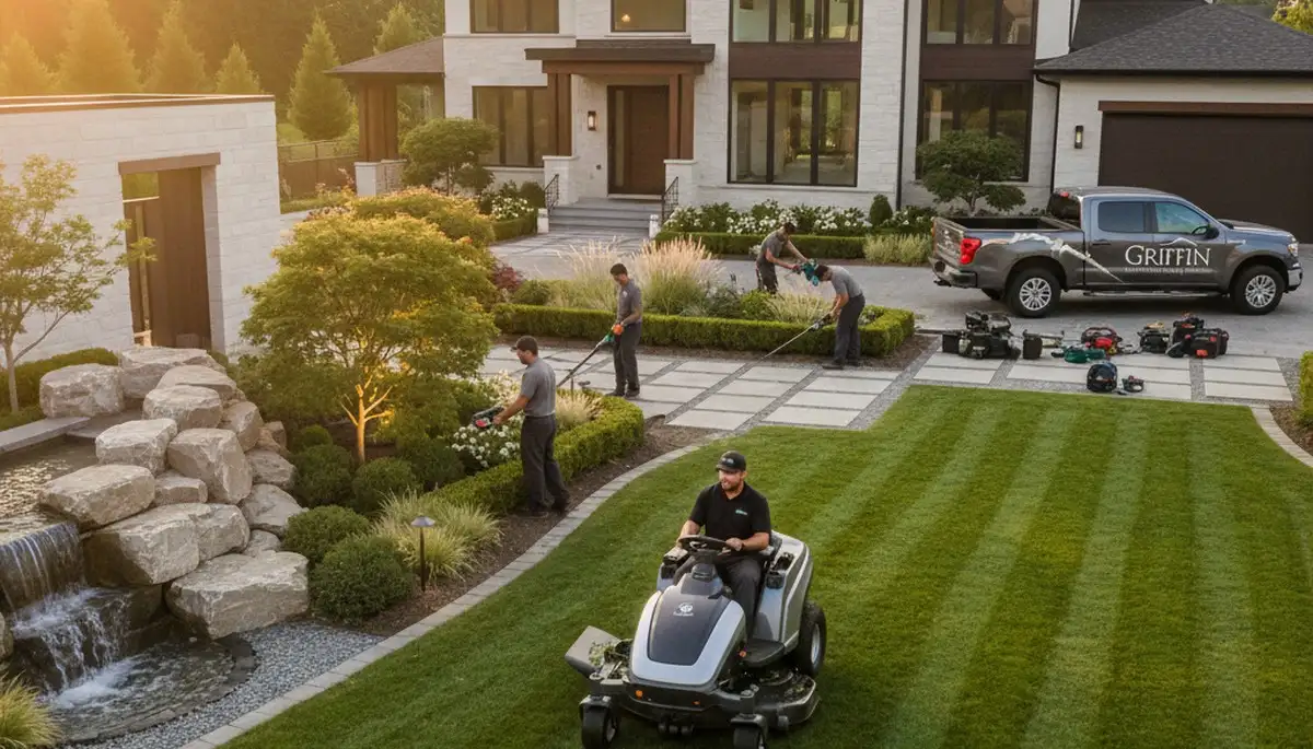 Landscaping crew serving Evansville, IN with professional lawn care and outdoor maintenance services