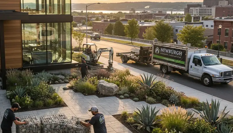 Landscaping crew providing lawn care and outdoor maintenance in Evansville, IN