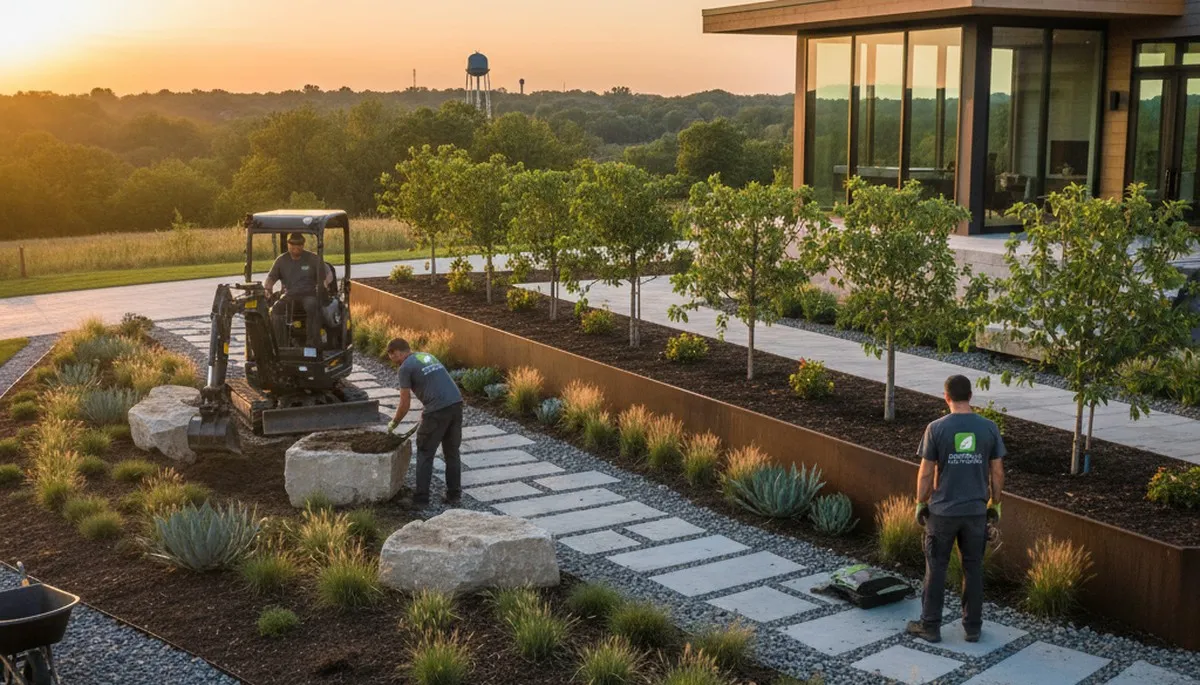 Landscaping crew serving Evansville, IN with professional lawn and landscape maintenance