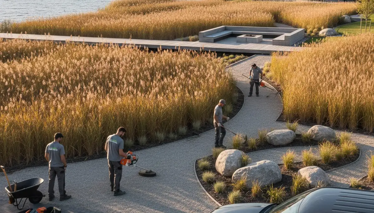 Landscaping crew in Evansville, IN providing professional lawn and landscape services