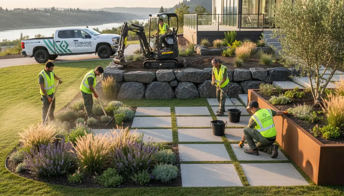 Landscaping crew serving Evansville, IN with professional lawn care and outdoor maintenance services