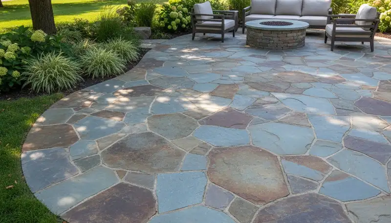 Modern large stone slab patio installation by professional landscapers in Evansville, IN