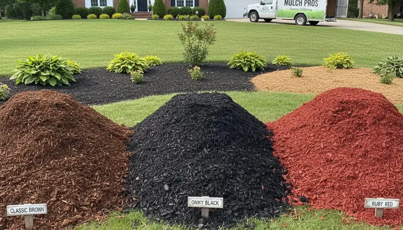 Brown, black, and red mulch options displayed for landscaping projects in Evansville, Indiana