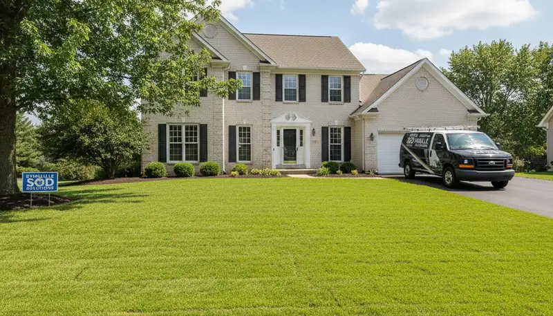 Freshly installed vibrant green sod lawn by professional landscapers in Evansville, IN