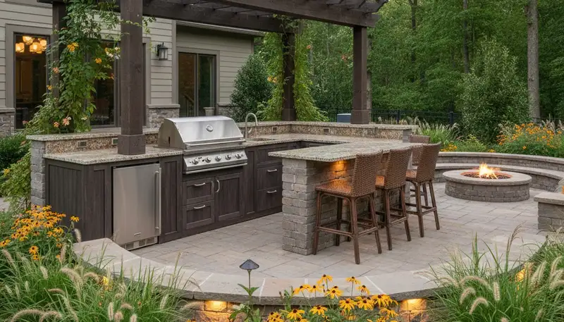 Luxury outdoor kitchen with pergola and granite countertops by Evansville IN landscapers in Henderson KY