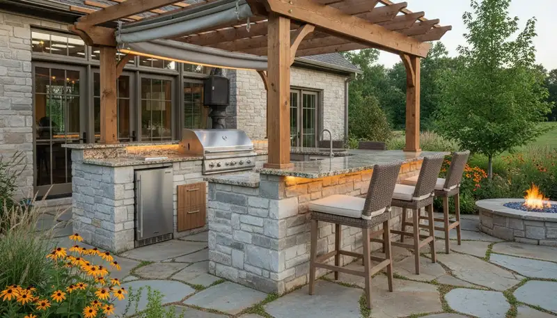 Luxury outdoor kitchen with pergola and granite countertops by Evansville, IN landscaping experts in Reed, KY