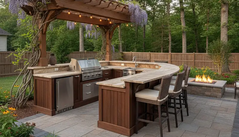Luxury outdoor kitchen with pergola and granite countertops in Spottsville KY by Evansville IN landscapers