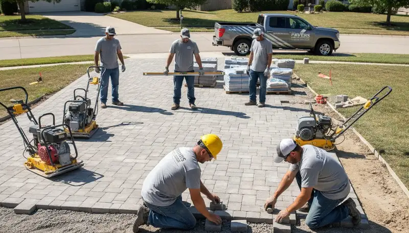 Professional crew installing driveway pavers in Evansville IN with precise leveling and base preparation