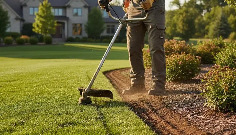 Technician edging lawn with string trimmer for precise borders in Evansville, IN landscaping service