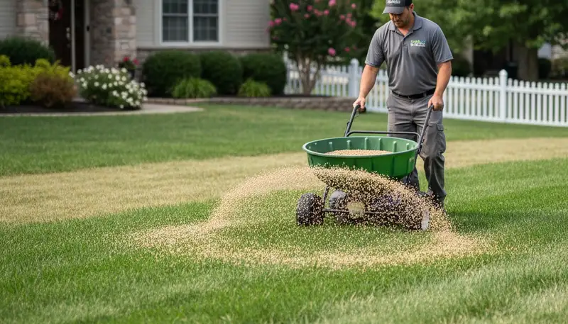 Lawn care technician applying fertilizer with spreader in Evansville, IN for Chop Chop Landscaping