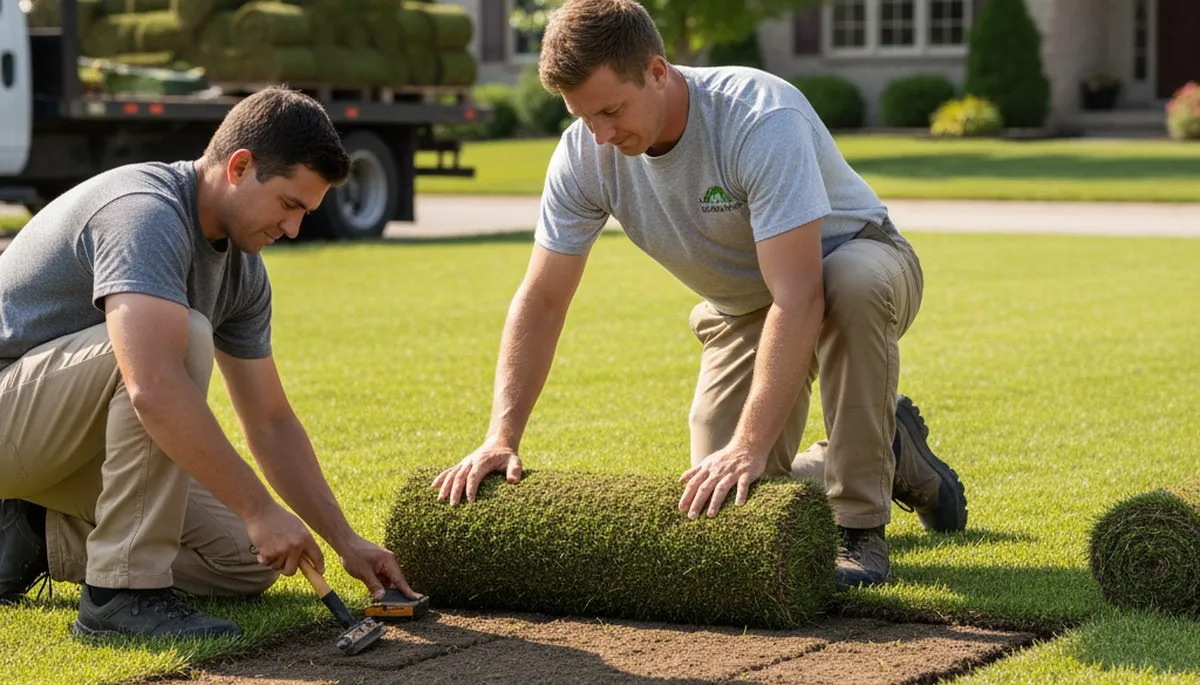 Professional landscaper installing fresh sod rolls with precision in Evansville, IN lawn