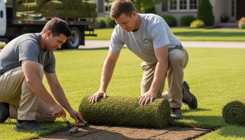 Professional landscaper installing fresh sod rolls with precision in Evansville, IN lawn