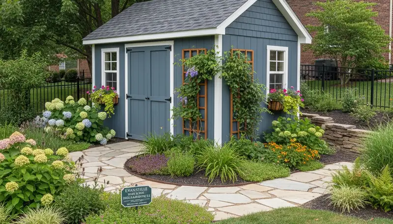 Landscaped shed with shrubs and stone pathway by Chop Chop Landscaping in Evansville, IN