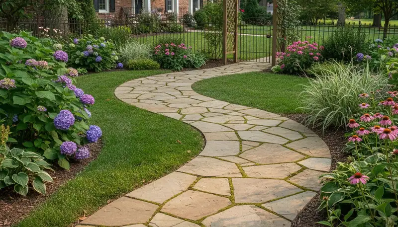 Curved stone paver walkway installation in Evansville, IN residential landscape by Chop Chop Landscaping