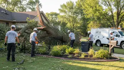 Workers performing storm debris cleanup at residential yard in Evansville, IN by Chop Chop Landscaping