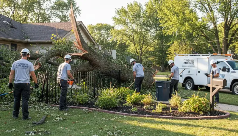 Workers performing storm debris cleanup at residential yard in Evansville, IN by Chop Chop Landscaping