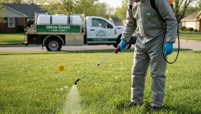 Lawn care technician applying targeted weed control treatment in Evansville, IN yard