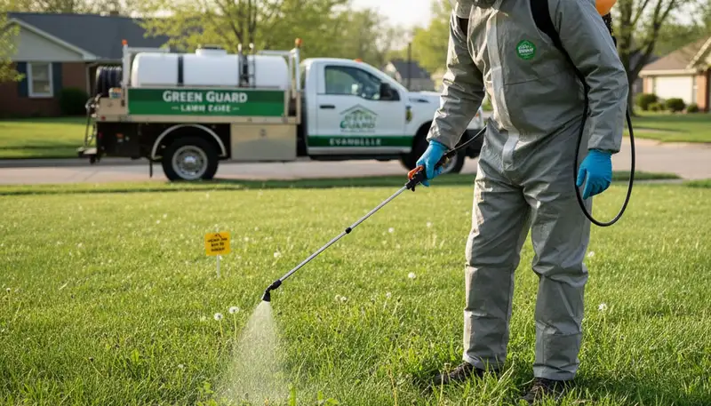 Lawn care technician applying targeted weed control treatment in Evansville, IN yard