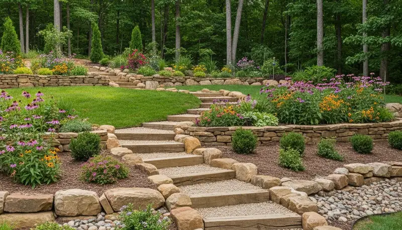 Terraced garden with timber steps by Evansville landscapers for Henderson KY sloped backyard design