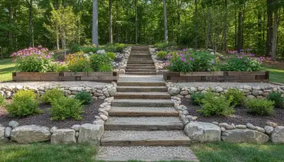 Terraced garden with timber steps and native plants by Evansville landscapers near Reed, KY