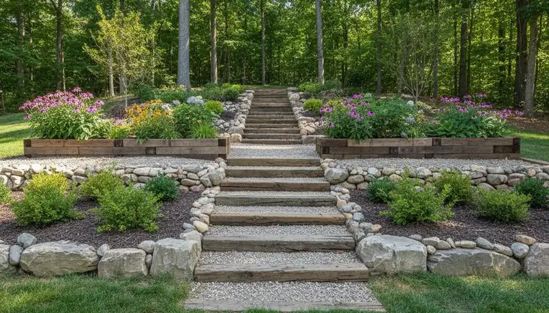Terraced garden with timber steps and native plants by Evansville landscapers near Reed, KY