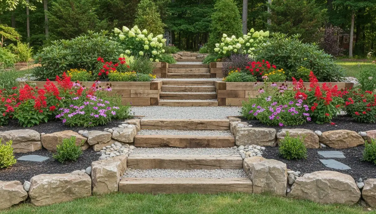 Terraced garden with timber steps and native plants in Spottsville KY by Evansville IN landscaping experts